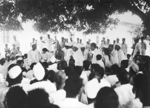 Mahatma Gandhi in a public meeting during his visit in the riot effected area of Noakhali East Bengal, November 1946