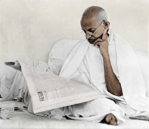 Mahatma gandhi reading newspaper, india, asia, 1946