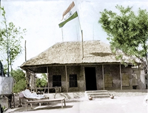 Mahatma Gandhi sitting in front of his hut, Assam, India, Asia, December 1946, Asia