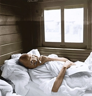 Mahatma Gandhi sleeping in train compartment, India, Asia, May 1946, Asia