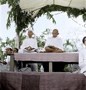 Mahatma Gandhi with Thakkar Bapa after Hindu Muslim riots, Bangladesh, Asia, November 1946, Asia