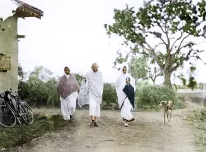 Mahatma Gandhi walking with associate, Satyagraha Ashram, Wardha, India, Asia, 1940, Asia