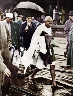 Mahatma Gandhi walking fast at Folkestone, UK, September 12, 1931