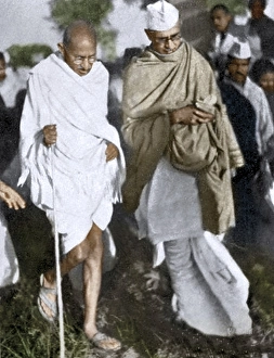 Mahatma Gandhi walking with Mahadev Desai, India, Asia, 1940, Asia