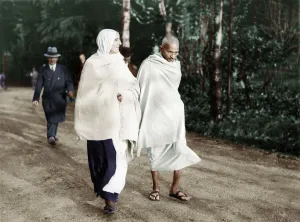 Mahatma Gandhi walking with Mirabehn at Villeneuve Montreux, Switzerland, December 9, 1931, Europe