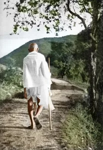Mahatma Gandhi walking with stick, India, 1937, Asia