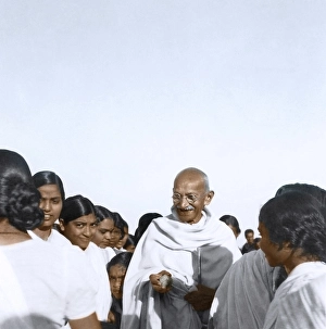 Mahatma Gandhi with women of Mahila Ashram, Wardha, Maharashtra, India, Asia, 1945, Asia