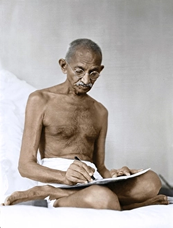 Mahatma Gandhi writing at Birla House, Mumbai, Maharashtra, India, Asia, August 1942, Asia