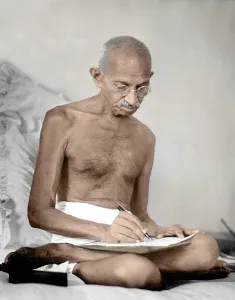 Mahatma gandhi writing at birla house, mumbai, maharashtra, india, asia, 1942
