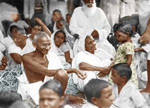 Mahatma and Kasturba Gandhi with Harijan children, Kathiawad, India, Asia, July 1, 1934, Asia