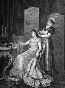 Maid combing a lady, historical illustration