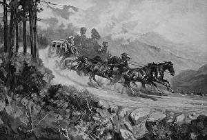 Mail coach in California, USA, Wood engraving