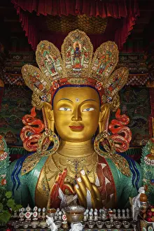 Maitreya Buddha statue face close up in Thiksey Gompa