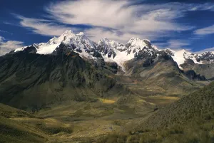 Majestic Alpamayo, one of highest mountain peaks in Peruvian Andes
