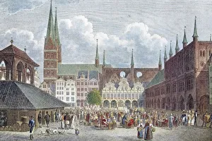 Maktplatz square in Luebeck, about 1820