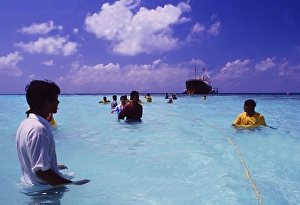 Maldives: People pull a cargo ship towards Makafushi Island to sink it and create a new environment for marine life