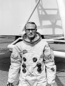 A man in an American austronaut Nasa spacesuit