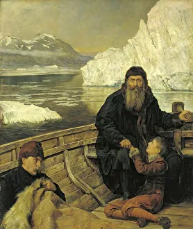 A man and a boy sit in a small boat in a cold