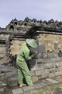 Category Buddhism Prints: Man doing stonemasonry, restoration of the Borobudur temple