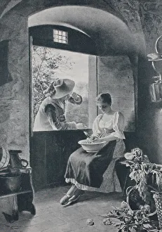Man flirting through werner schwab (offene Fenster) with a woman doing kitchen work