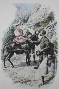 Man gives a cup with fresh water to a woman on a mule