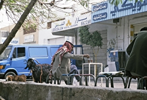 Man with goat drinking tea in a street cafe, Aqaba, Jordan, 1998, Asia