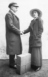 Man hands over a parcel, 1930s, Germany, Europe