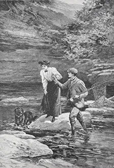 A man helps a woman to cross a river