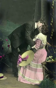 Man kissing a woman, historical image, ca. 1910