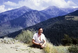 Man in his prime, sitting for a photo in the mountains near Mont Louis, Occitania, France, 1973, Europe