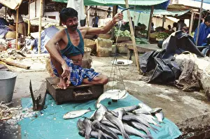 Man selling fish holding Weight scale in market