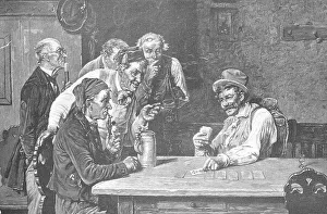 A man shows card tricks and five others watch enthusiastically