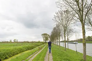 Man walking the dog in typical dutch landscape