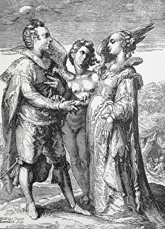 Man, woman and angel of love, symbolic representation of marriage for love