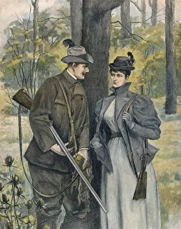 A man and a woman, hunters with guns
