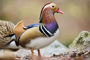 Mandarin duck (Aix galericulata) male swimming on a lake