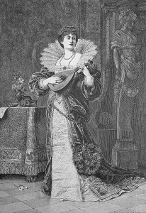 Mandolin player, historic wood engraving, ca. 1880