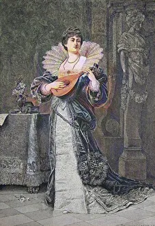 Mandolin player, historical wood engraving