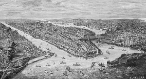 Manhattan Island with the Williamsburgh Bridge over the East River, New York, Hudson River with harbour facilities, The Battery, New Jersey, shipping traffic, paddle steamer, sailing ships, 19th century, travel, North America, USA