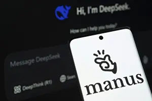 Manus Ai logo is seen on a smartphone