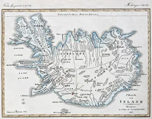Map of Iceland, hand-coloured copperplate engraving from Friedrich Justin Bertuch Bilderbuch fuer Kinder