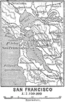 Map of San Francisco and surroundings with scale, Pacific or Pacific Ocean, San Pablo Bay, Oakland, Travelling, USA, historical illustration 18888, North America