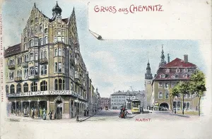 The market square of Chemnitz, c. 1910, Saxony, Germany, digitally enhanced reproduction from a historical original, c. 1900, public domain, Europe