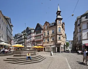 Marketplace with restaurants, old town of Marburg