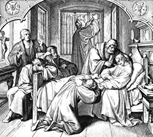 Martin Luther praying at the bedside of the sick Melanchton