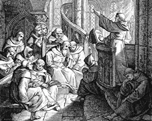 Martin Luther preaching in the monastery in front of Staupitz to other monks as a preparatory exercise for the castle