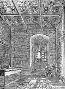 Martin Luther's monastery cell in the 13th century Augustinian monastery in Erfurt, Luther's time as a monk 1505-1511, interior, windows with stained glass, tables, decorated wooden ceiling, historical illustration 1883