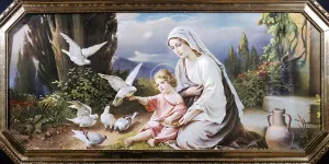 Mary with baby Jesus and doves