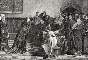 Mary, Duchess of Burgundy, asking for mercy for Chancellor Hugonet and the Sire d'Humbercourt in Ghent