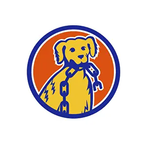 Mascot icon illustration of head of a retriever dog biting a broken chain link viewed from front set inside circle